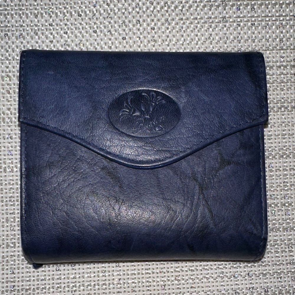 Julia Buxton Navy Blue Heiress leather convertible RFID blocking billfold wallet